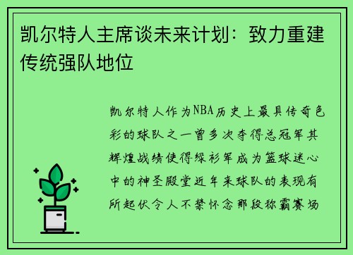 凯尔特人主席谈未来计划：致力重建传统强队地位