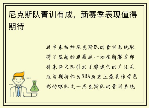 尼克斯队青训有成，新赛季表现值得期待